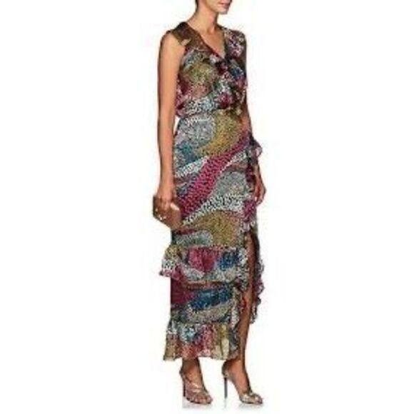Saloni Multicolor Sleeveless Anita Ruffled Dot Devoré Maxi Dress Size 10 - Picture 1 of 13